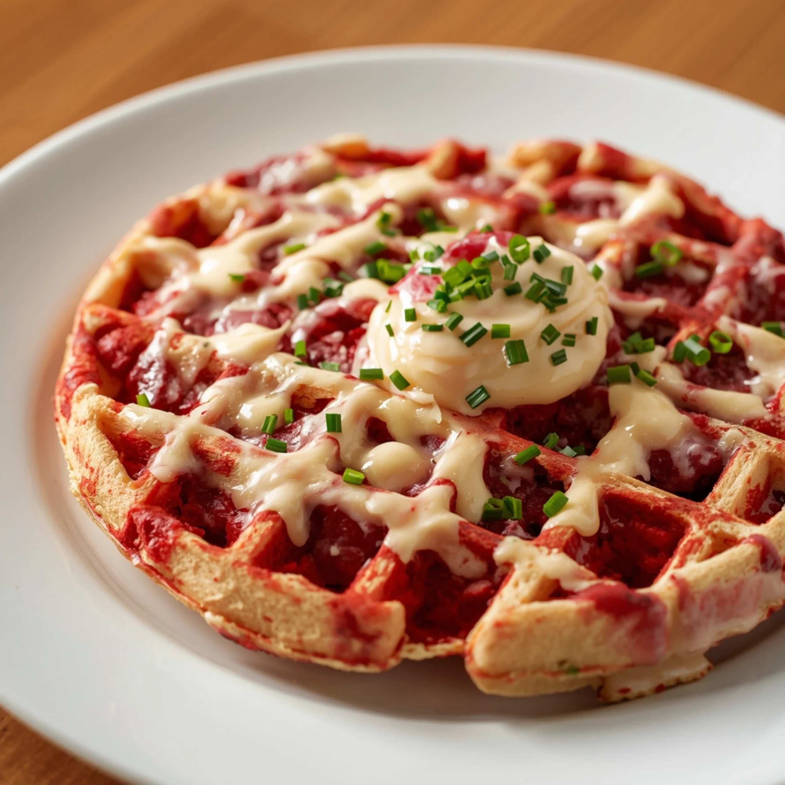 A close-up, high-angle shot of homemade Red Velvet Marble Waffles on a clean white ceramic plate, generously drizzled with glistening cream cheese glaze and sprinkled with finely chopped fresh green herbs, set on a warm wooden table surface with a shallow depth of field. Professional food photography capturing the vibrant red and white swirls for a culinary magazine style.