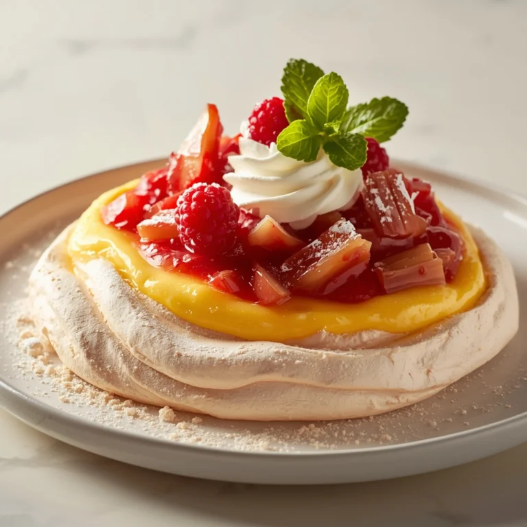 Close-up of Rhubarb & Custard Pavlova dessert with a soft texture and elegant garnish
