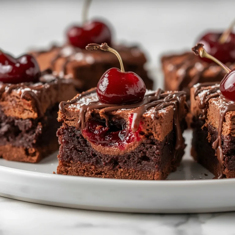 Close-up of Roasted Cherry Brownies dessert with glossy finish and elegant toppings