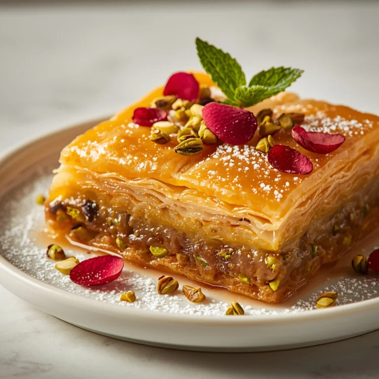 Close-up of Rose & Pistachio Baklava dessert with a soft texture and elegant garnish