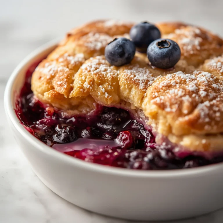 Close-up of warm, golden Blueberry Cobbler dessert with bubbling, glossy blueberries and a dusting of powdered sugar, served in a white bowl.