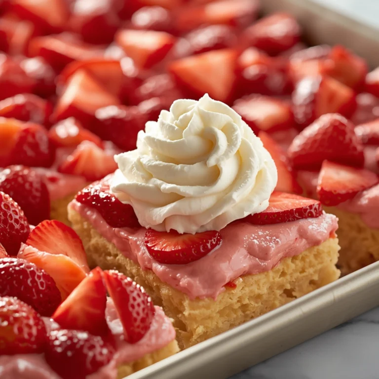 Close-up of Sheet Pan Strawberry Shortcake dessert with glossy finish and elegant toppings