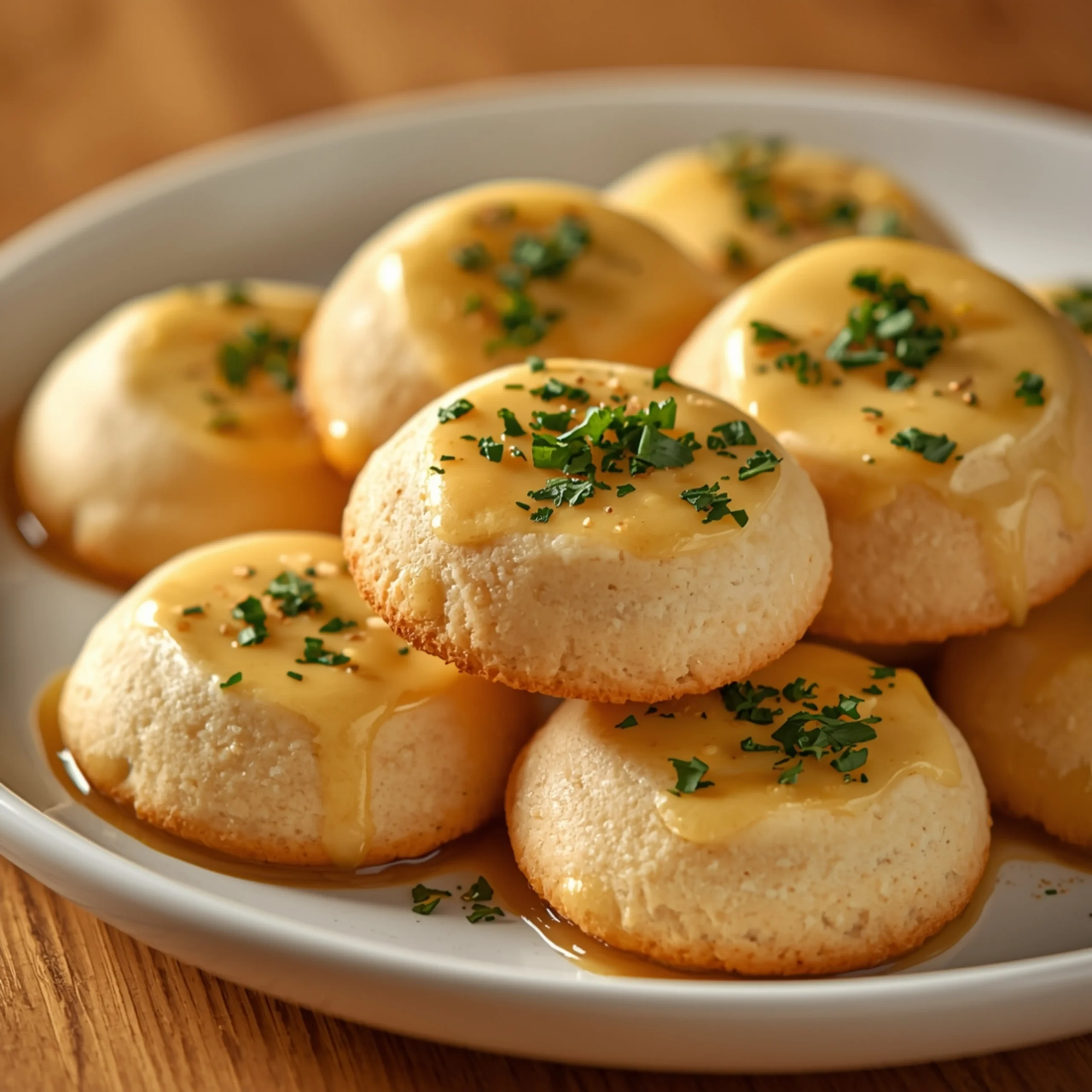 Close-up, high-angle view of soft sugar cookies on a white ceramic plate, garnished with fresh green herbs, glistening glaze, and hints of melted cheese, set on a warm wooden table with soft, diffused lighting.