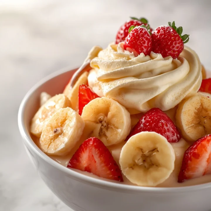 Close-up of Strawberry Banana Pudding Dream dessert with glossy finish and elegant toppings
