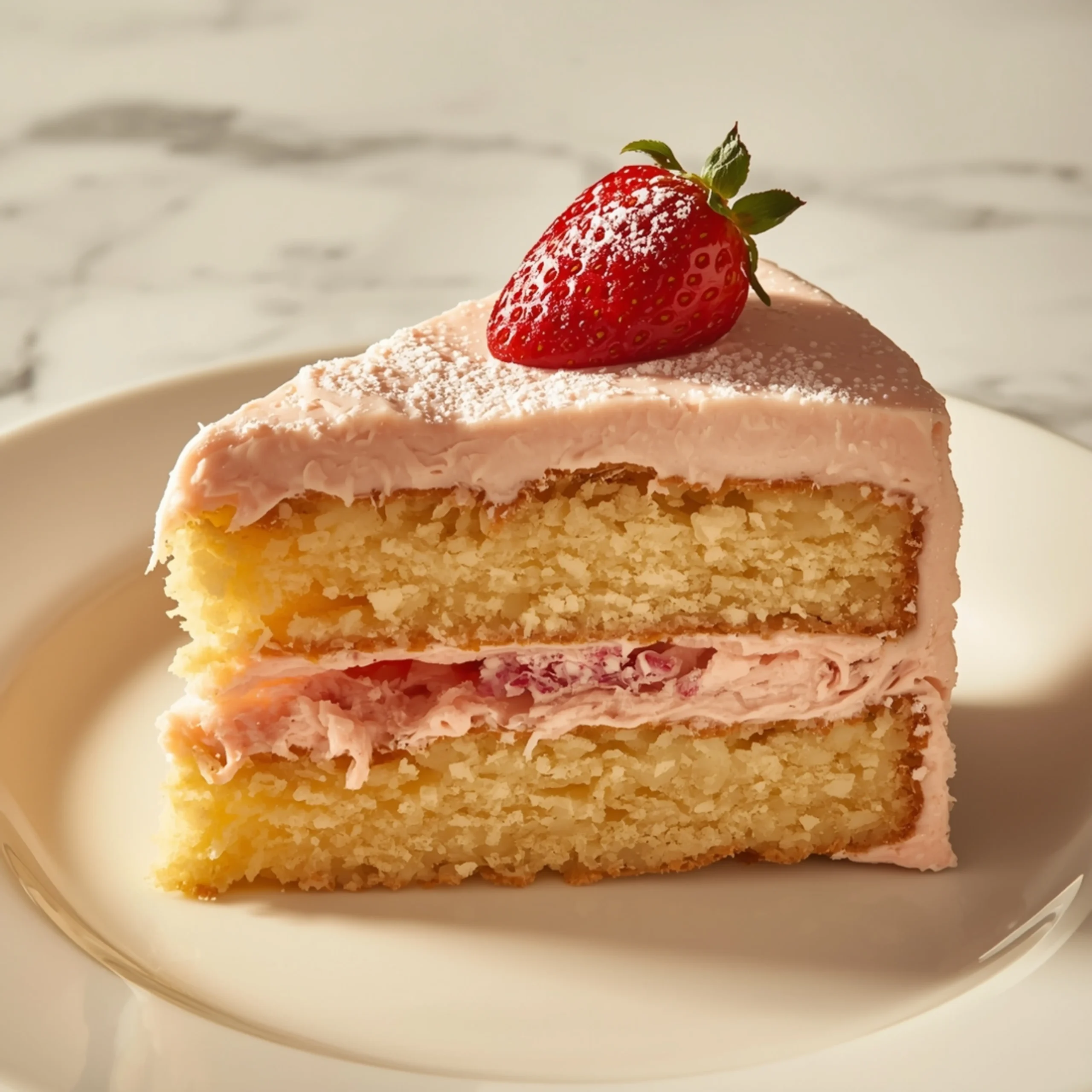 Close-up of Strawberry Crunch Cake dessert with glossy finish and elegant toppings