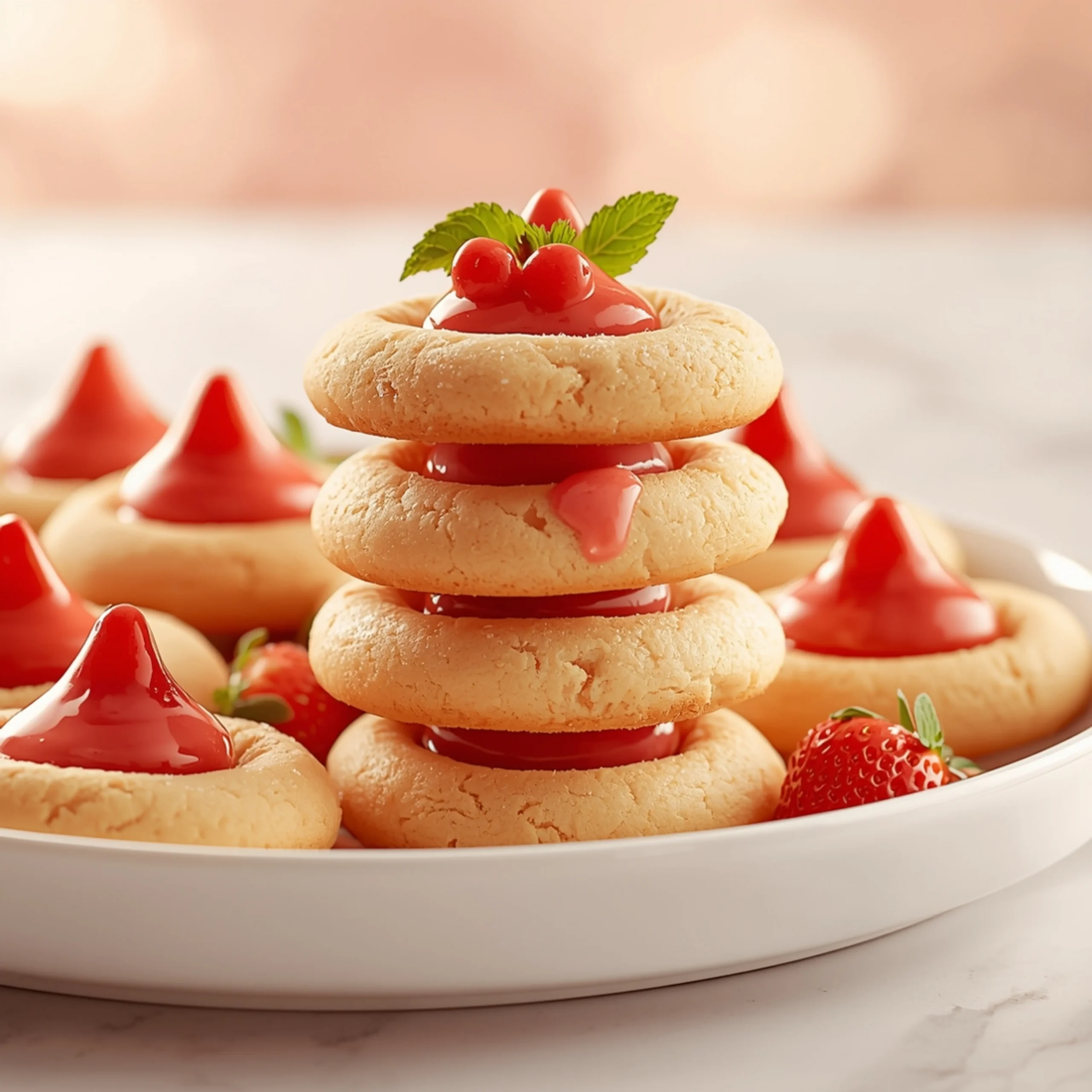 Close-up of Strawberry Kiss Cookies dessert with a soft texture and elegant garnish
