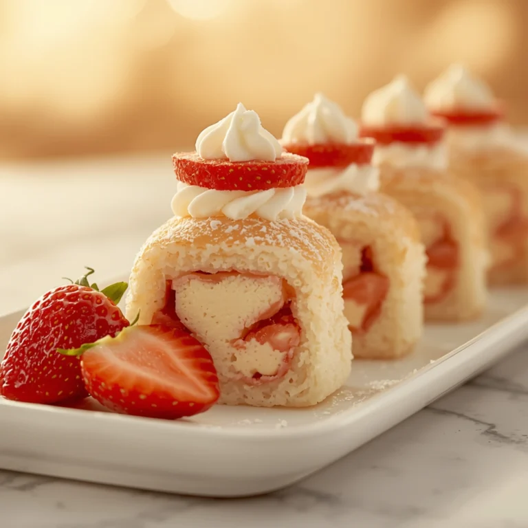Close-up of Strawberry Shortcake Cheesecake Sushi Rolls dessert with glossy finish and elegant toppings