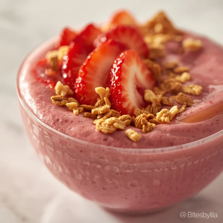 Close-up of a vibrant pink Strawberry Smoothie Bowl with creamy texture, fresh strawberries, granola, and a glossy finish in a white bowl.