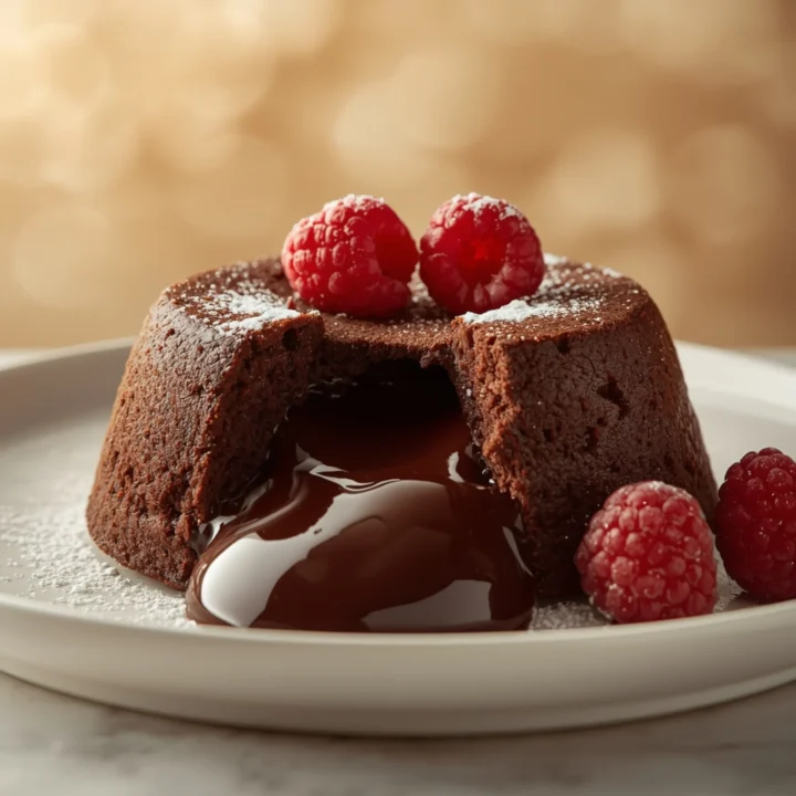 Close-up of a chocolate lava cake with a molten center, fresh raspberries, and a soft texture