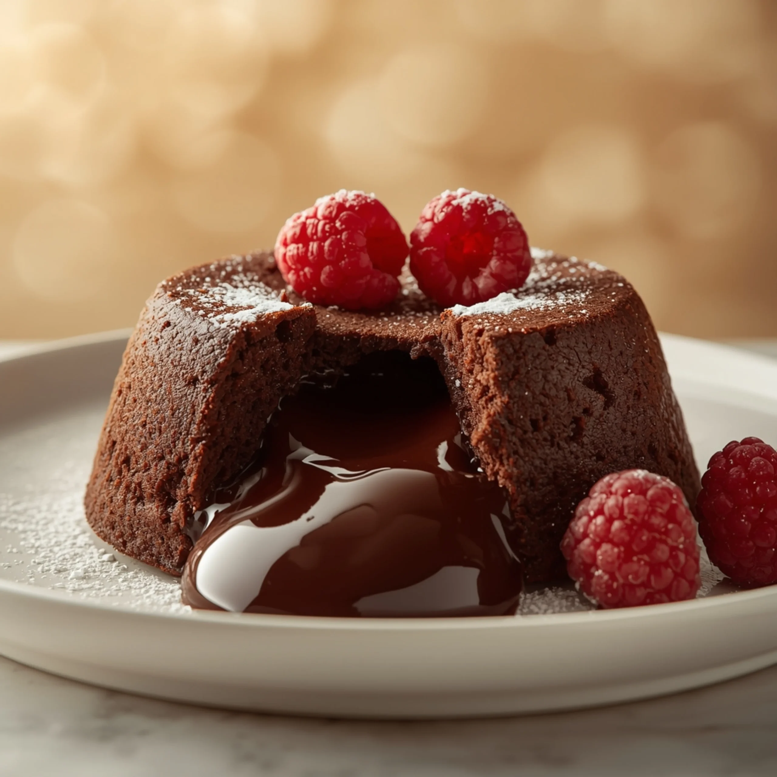 Close-up of a chocolate lava cake with a molten center, fresh raspberries, and a soft texture
