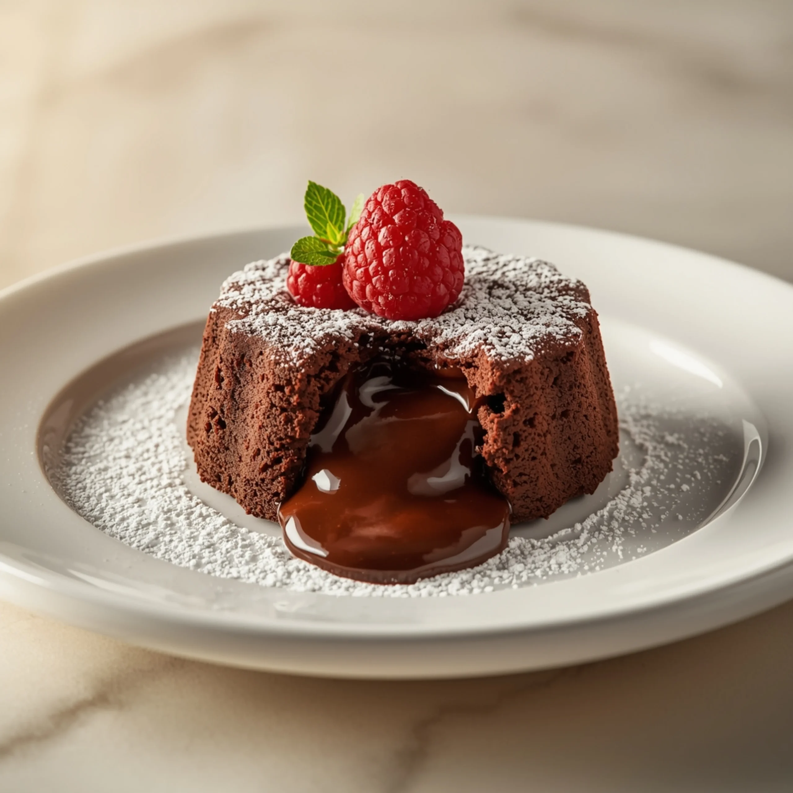 Close-up of Molten Chocolate Lava Cake with a velvety gooey texture and elegant raspberry and mint garnish