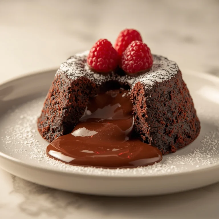 Close-up of molten chocolate lava cake with an oozing center, garnished with fresh raspberries and powdered sugar on a white ceramic plate with a soft bokeh background.