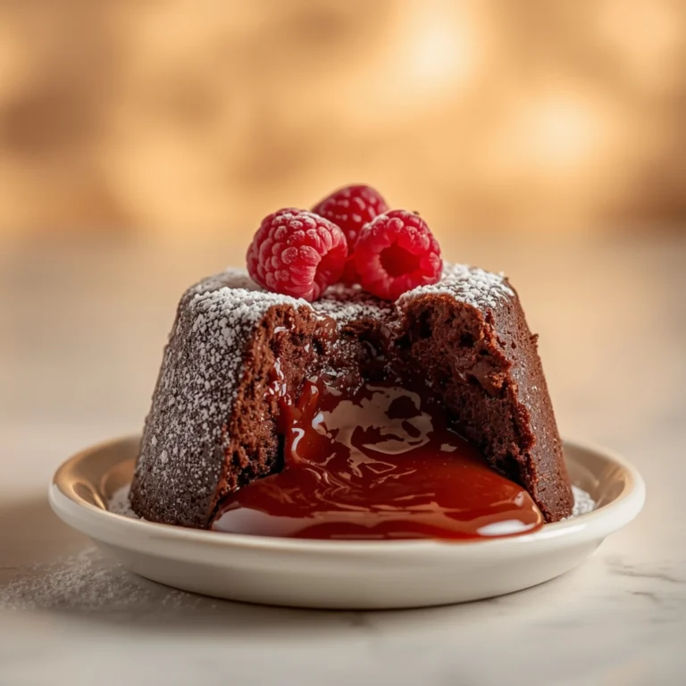 Close-up of molten chocolate lava cake with a soft texture and elegant raspberry garnish