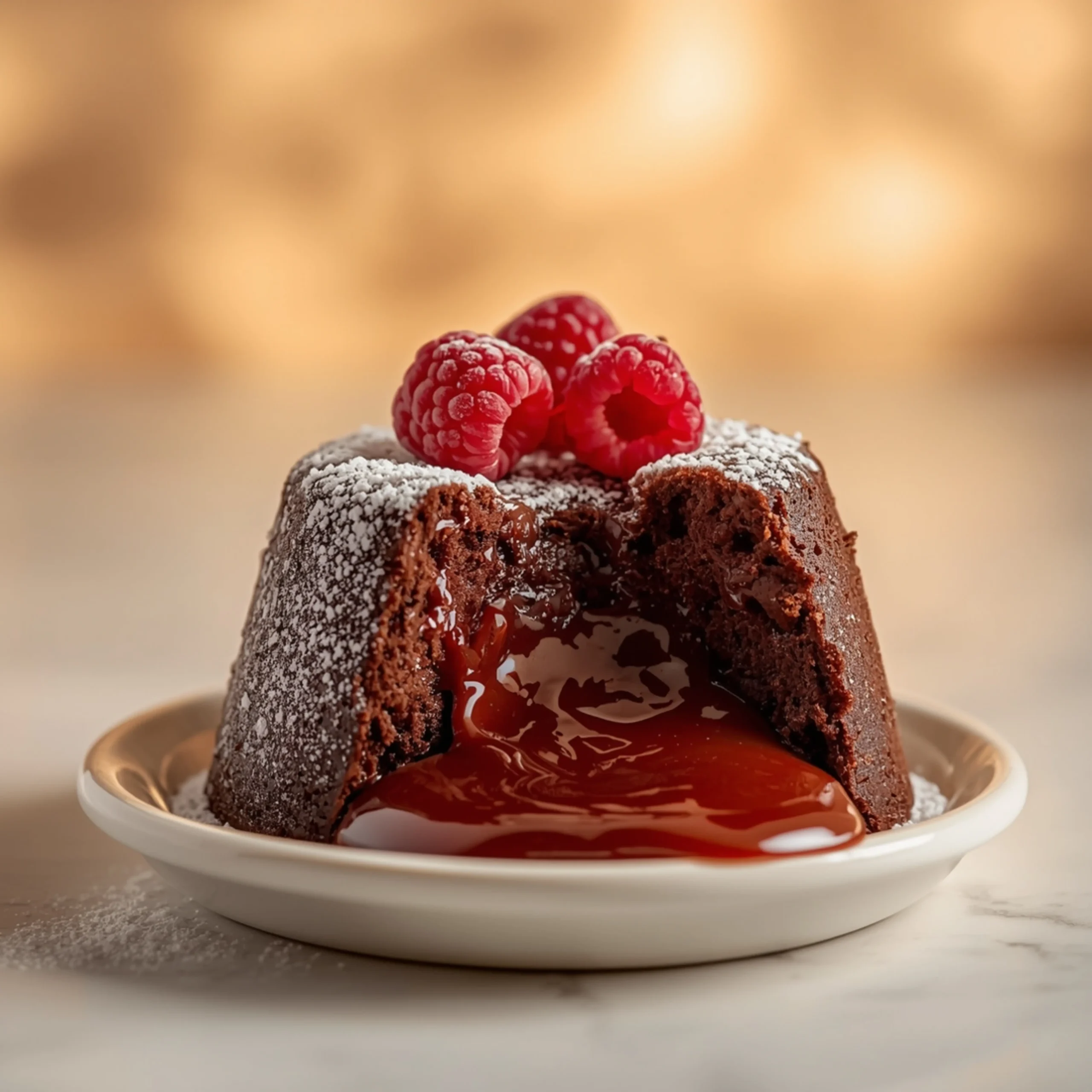 Close-up of molten chocolate lava cake with a soft texture and elegant raspberry garnish
