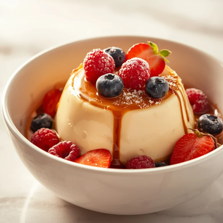 Close-up of Vanilla Panna Cotta with Berries dessert with glossy finish and elegant toppings