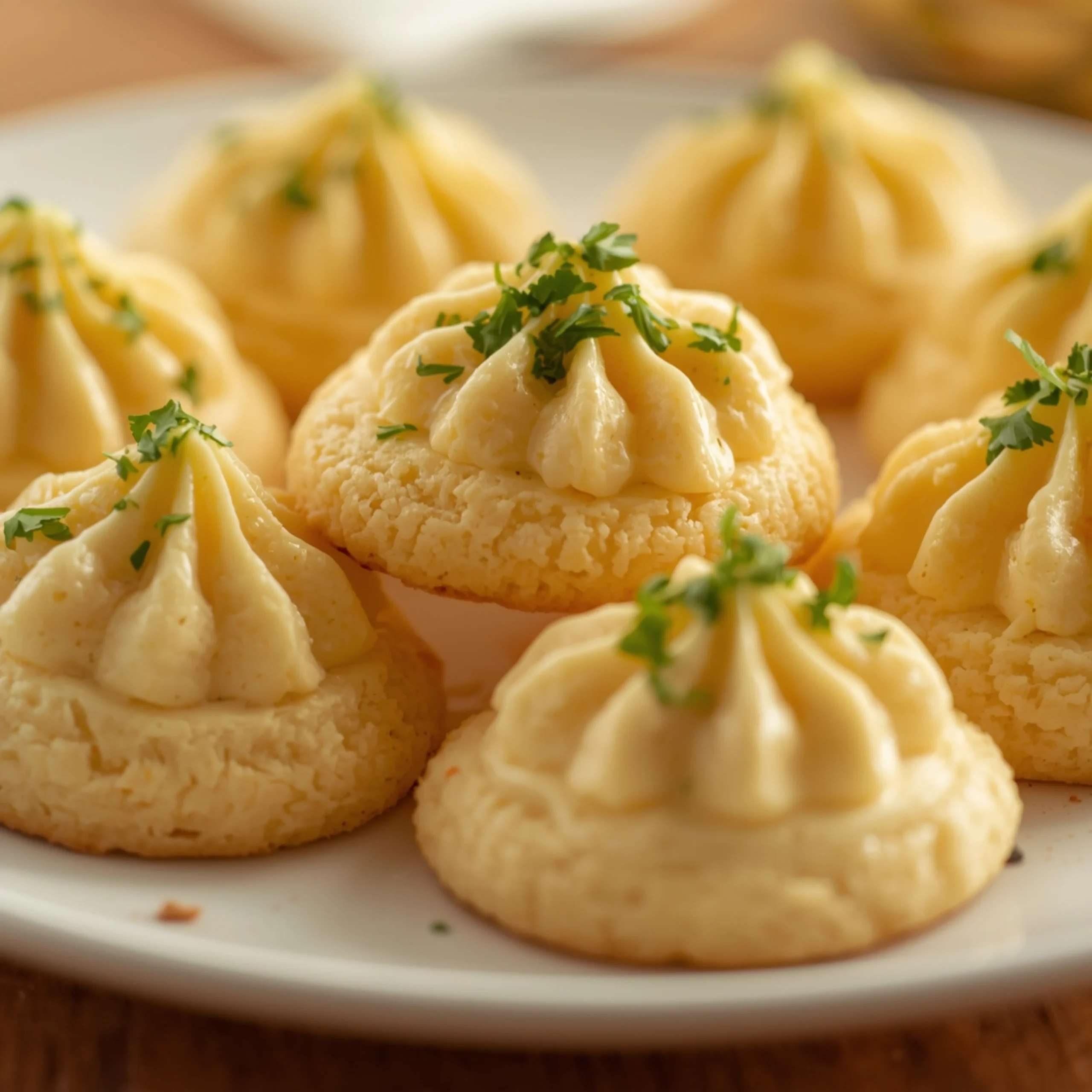 Close-up of golden-brown whipped shortbread cookies on a clean white ceramic plate, generously sprinkled with finely chopped fresh green herbs, presented on a warm wooden table surface, captured with bright, soft lighting.