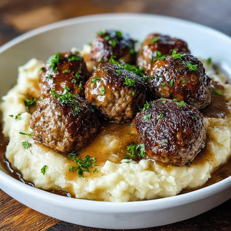 Easy Salisbury Steak Meatballs with Garlic Herb Mashed Potatoes