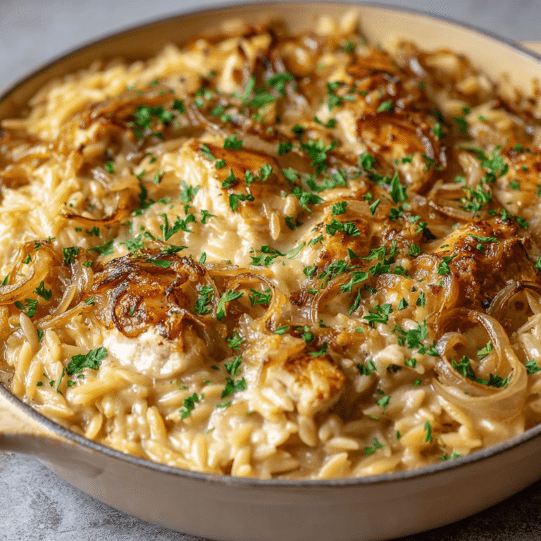 Rich & Creamy French Onion Chicken Orzo Bake