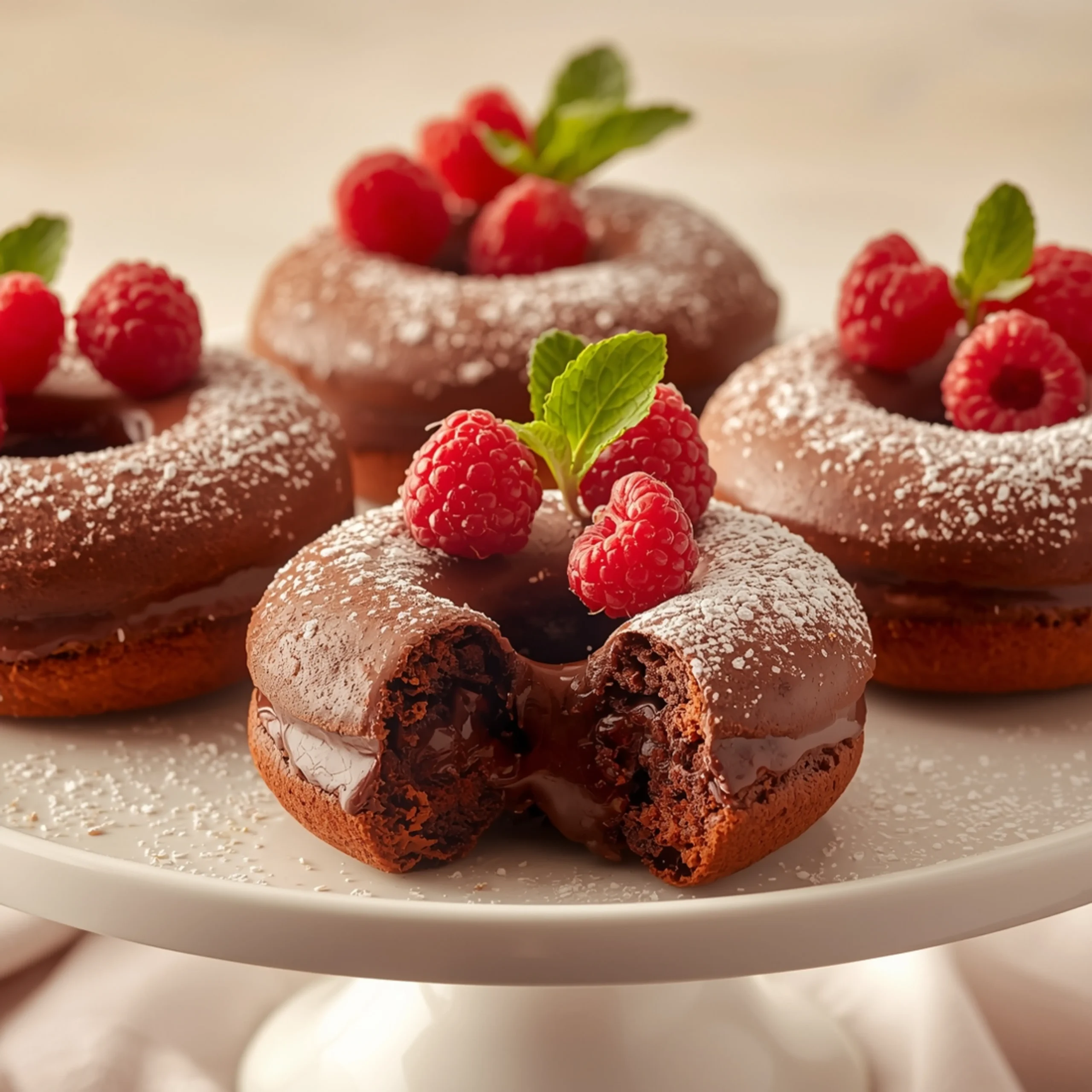 Close-up of Baked Chocolate Cake Doughnuts dessert with a soft texture and elegant garnish