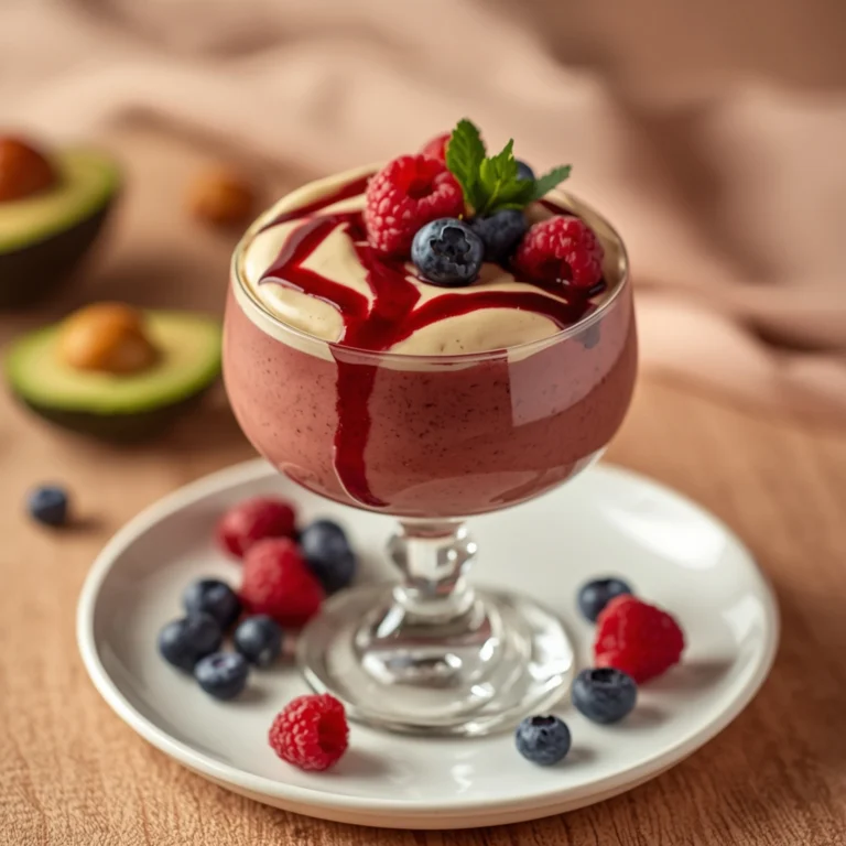 Close-up of Berry Avocado Power Smoothie dessert with a soft texture and elegant garnish