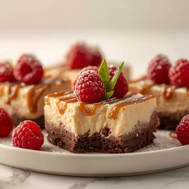Close-up of Brownie Bottom Bars dessert with a soft texture and elegant garnish
