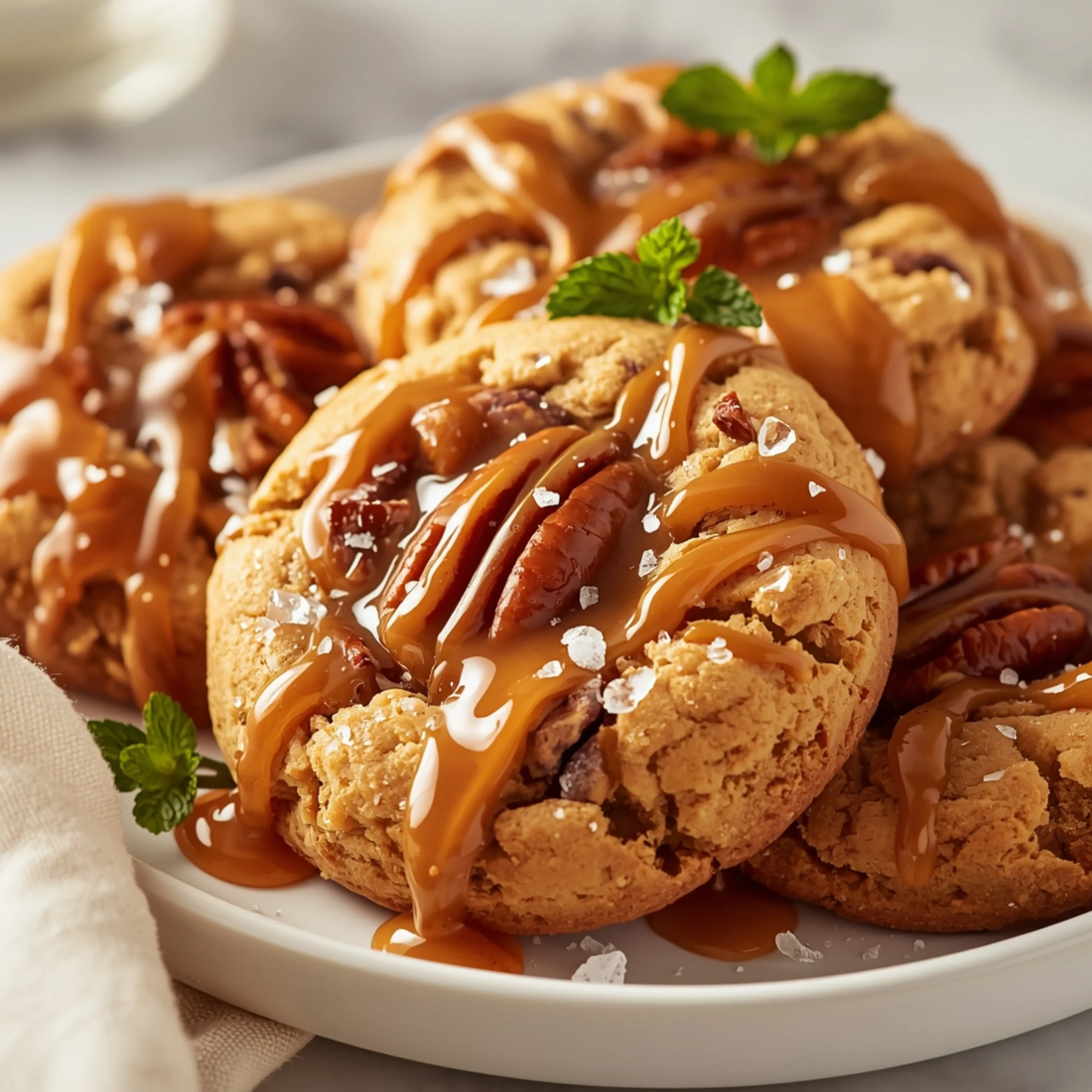 Close-up of golden-brown Buttery Salted Caramel Pecan Cookies with gooey caramel drizzle, visible pecans, and a delicate dusting of powdered sugar on a white ceramic plate.