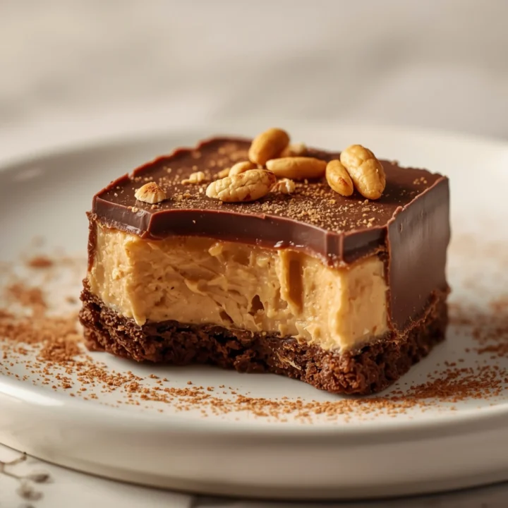 Close-up of Chocolate Peanut Butter Candy Bars dessert with a soft texture and elegant garnish