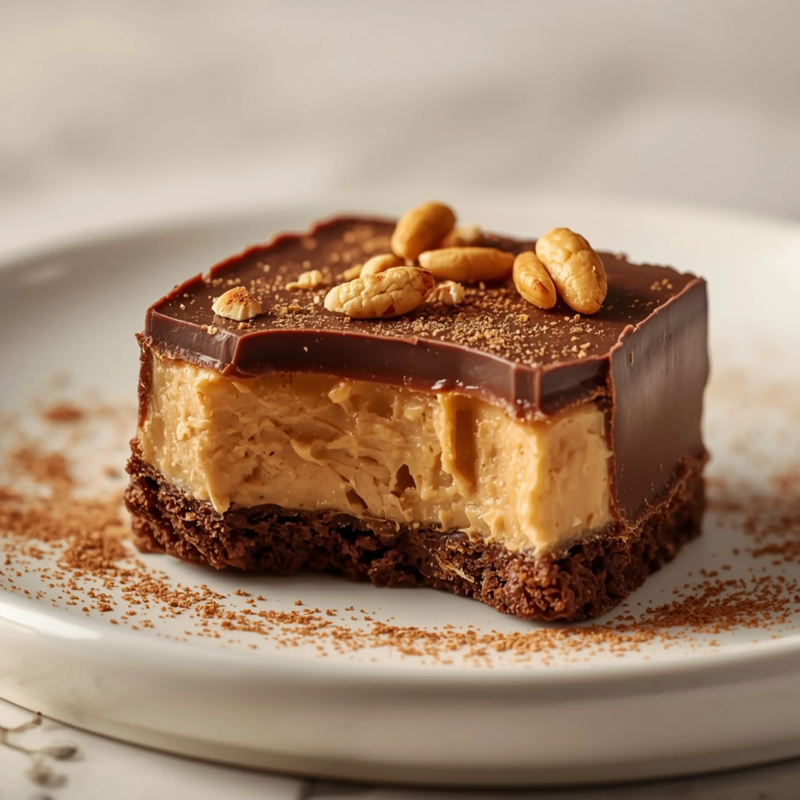 Close-up of Chocolate Peanut Butter Candy Bars dessert with a soft texture and elegant garnish