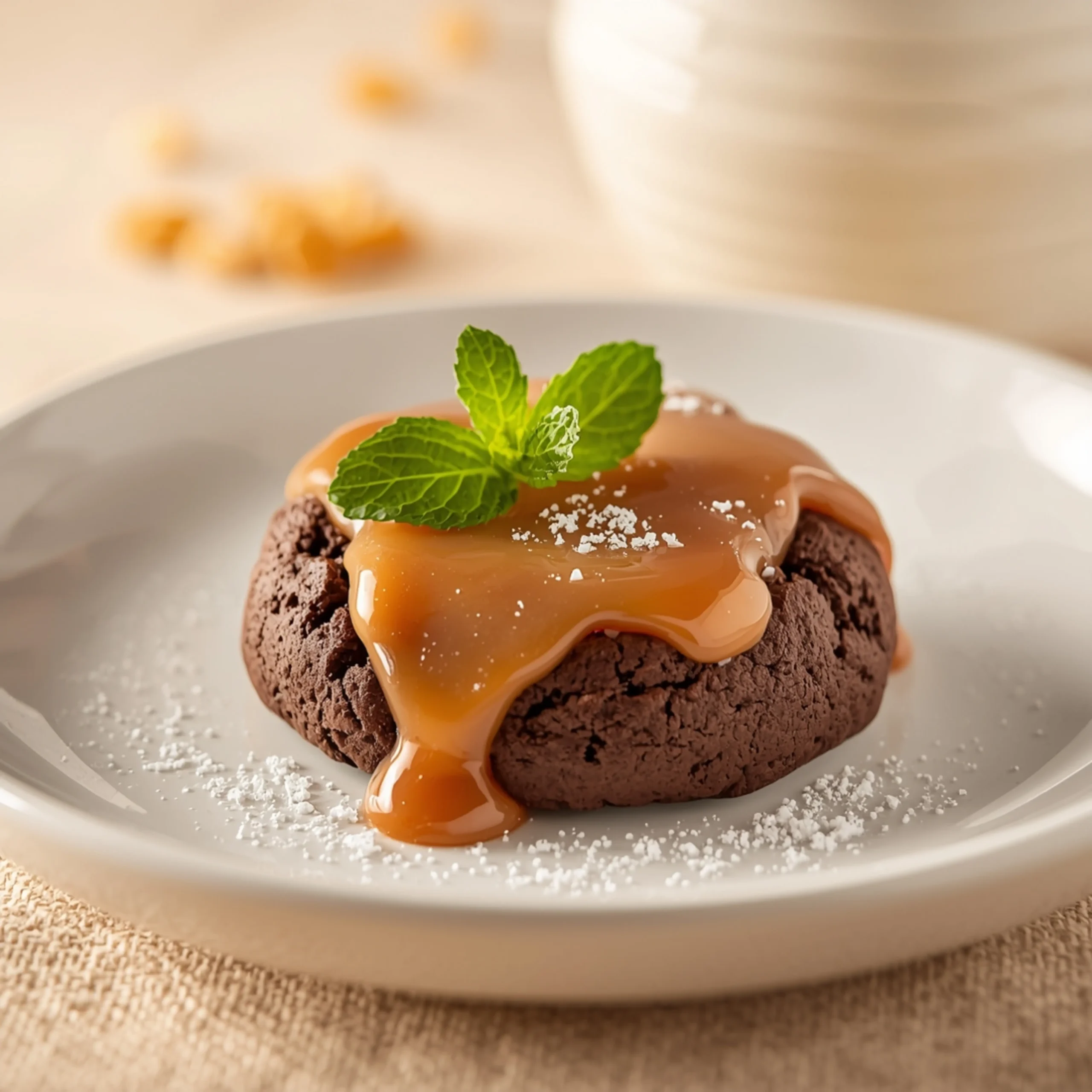 Close-up of Chocolate Peanut Butter Cookies with Gooey Caramel dessert with a soft texture and elegant garnish