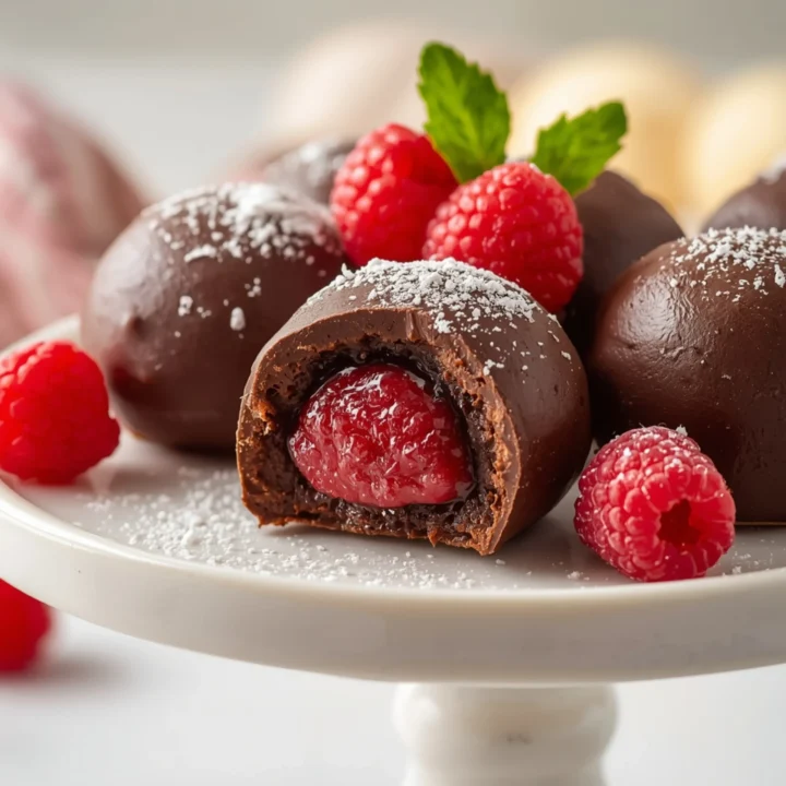 Close-up of Chocolate Raspberry Truffles dessert with a soft texture and elegant garnish