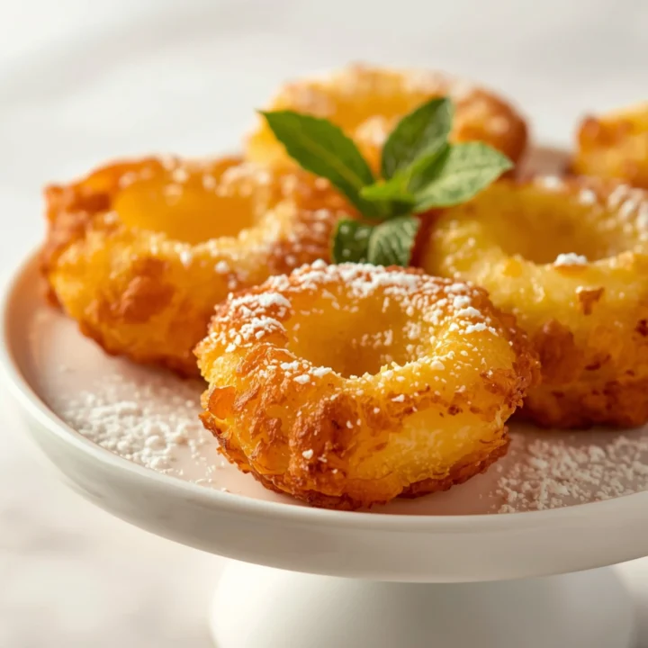 Close-up of Crispy Pineapple Fritters dessert with a crispy golden texture and elegant powdered sugar and mint garnish on a white ceramic plate.