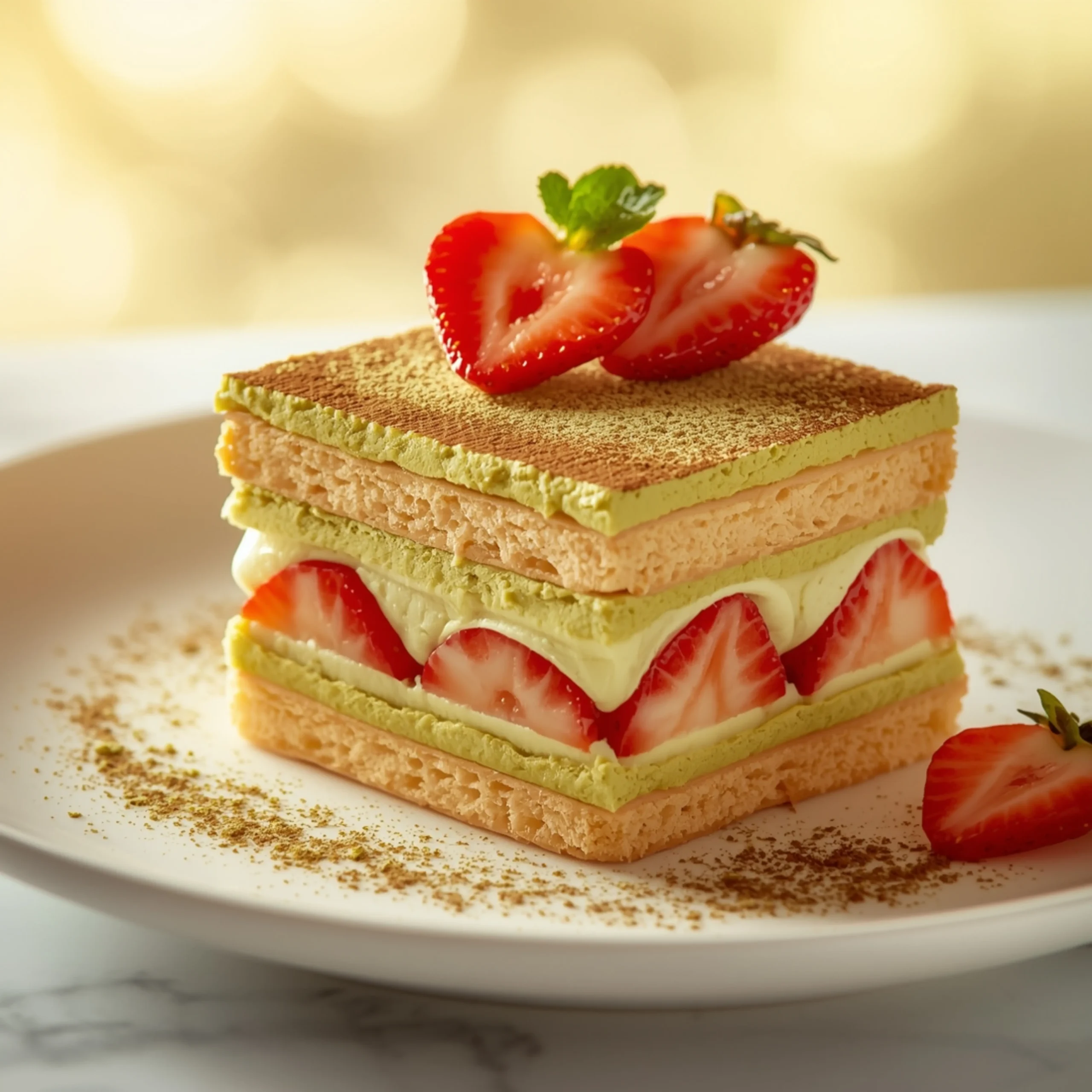 Close-up of Matcha & Strawberry Tiramisu dessert with a soft texture and elegant garnish