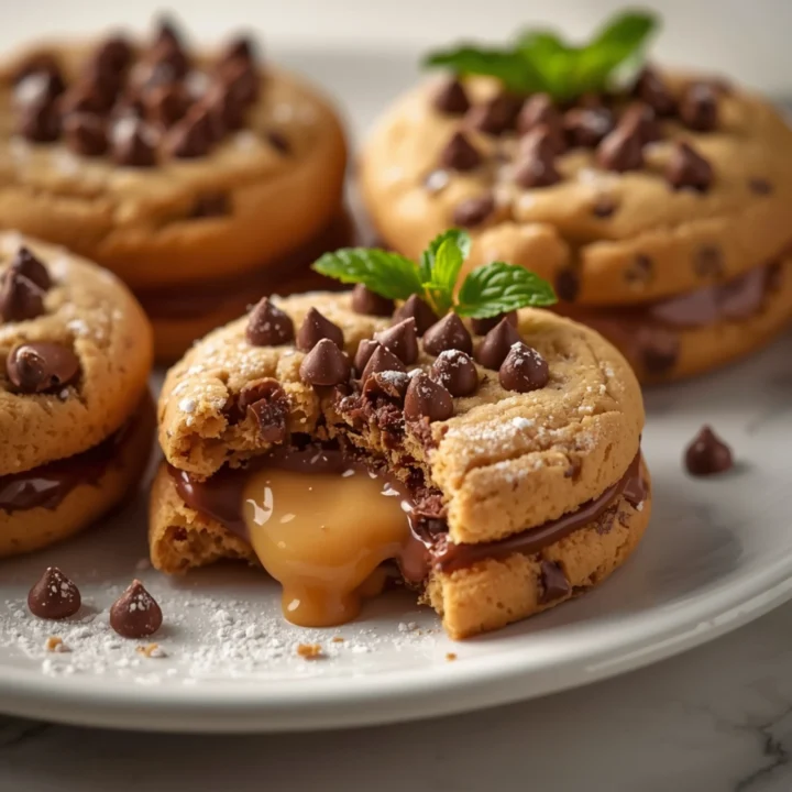 Close-up of Peanut Butter Stuffed Chocolate Chip Cookies dessert with a soft texture and elegant garnish