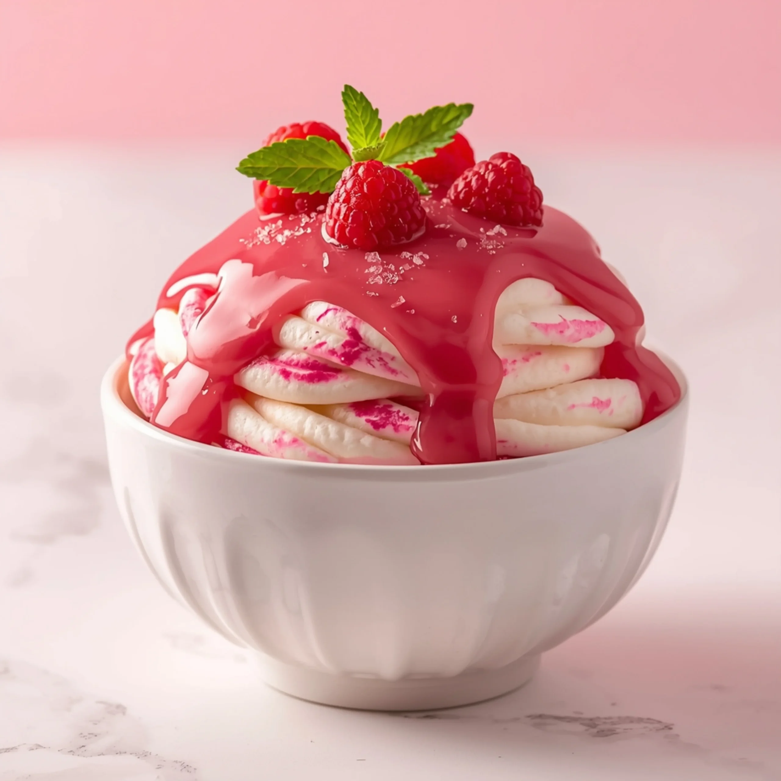Close-up of a Pink Mudslide dessert in a white bowl, showing luscious creamy layers, a glossy raspberry sauce, and fresh raspberry and mint garnishes with soft bokeh.