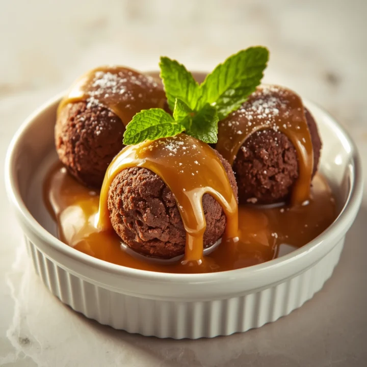 Close-up of Salted Caramel Chocolate Pillows dessert with a soft texture and elegant garnish