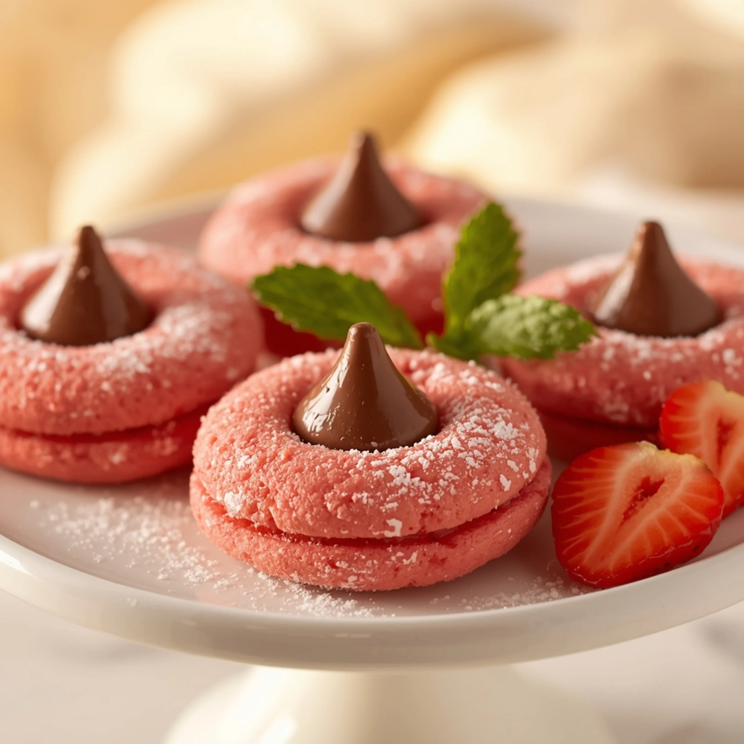 Close-up of strawberry kiss cookies dessert with a soft texture and elegant garnish