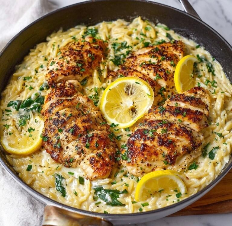 Easy Lemon Pepper Chicken with Creamy Orzo Skillet Dinner Recipe